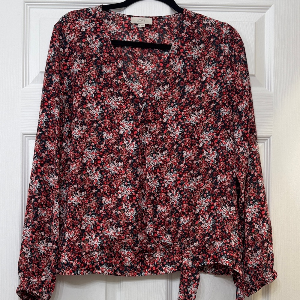 LOFT Floral V-Neck Blouse - Red, Black, and White